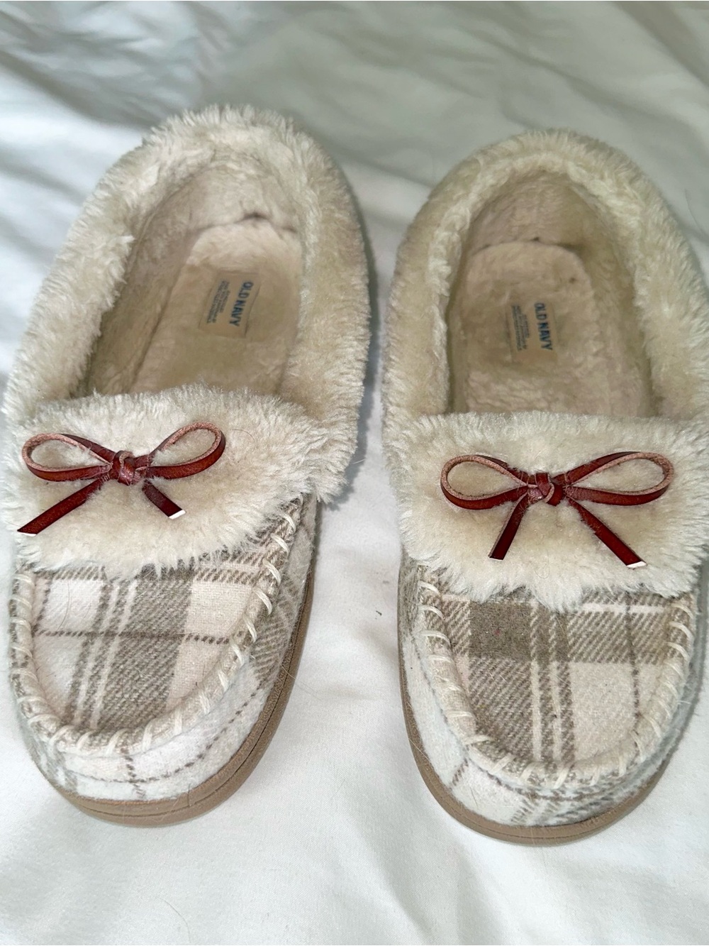 Old Navy Cream Plaid Faux-Fur Lined Moccasins with Red Bow